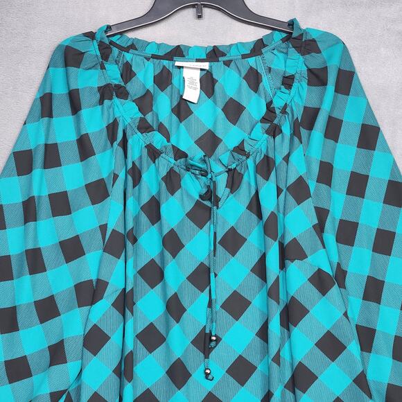 Catherines Tunic Top Blouse 2X Buffalo Check Chiffon Teal and Brown Peasant - Picture 4 of 7
